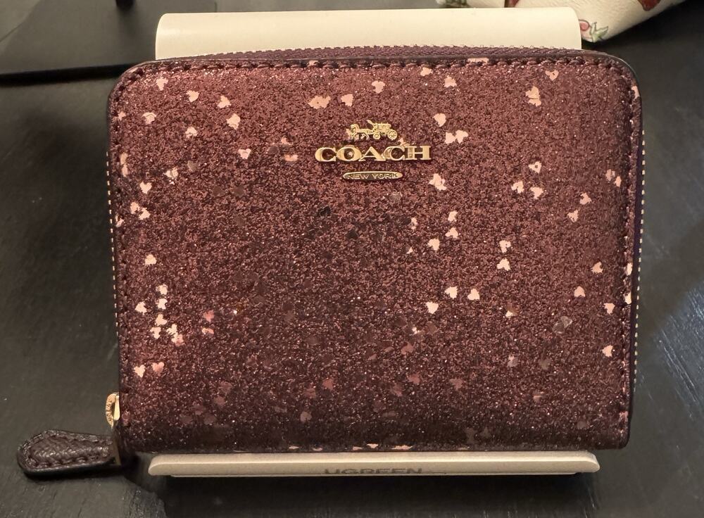Coach Heart Glitter Small Zip Around Wallet In Raspberry